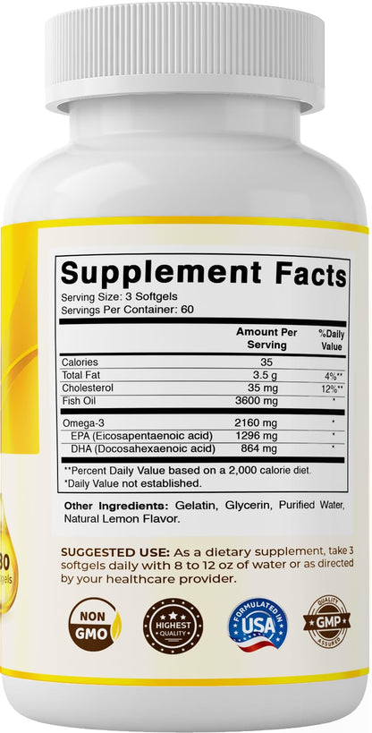 Vitamatic Triple Strength Omega 3 Fish Oil 3600mg Per Serving - Burpless Lemon Flavor, 180 Softgels (Pack of 2)