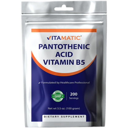 Vitamatic Pantothenic Acid Pure Powder 500 mg per Serving - 100 g (200 Servings) - Vitamin B5