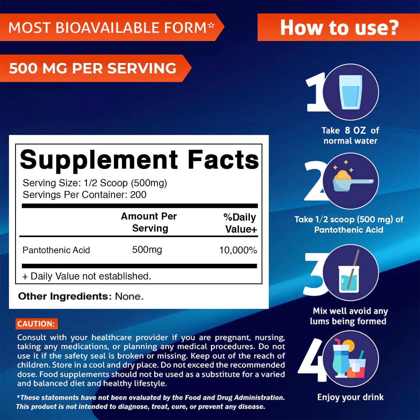 Vitamatic Pantothenic Acid Pure Powder 500 mg per Serving - 100 g (200 Servings) - Vitamin B5