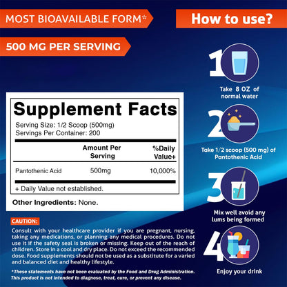 Vitamatic Pantothenic Acid Pure Powder 500 mg per Serving - 100 g (200 Servings) - Vitamin B5