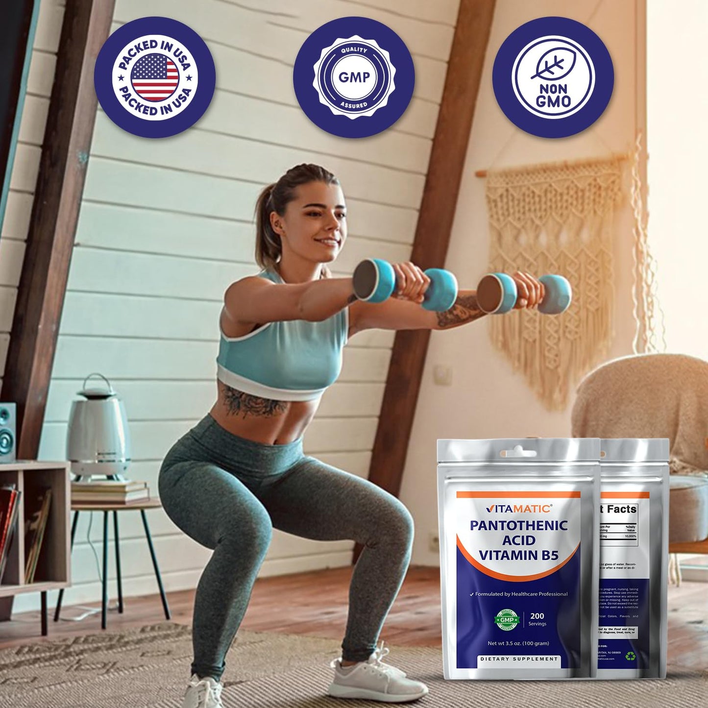 Vitamatic Pantothenic Acid Pure Powder 500 mg per Serving - 100 g (200 Servings) - Vitamin B5