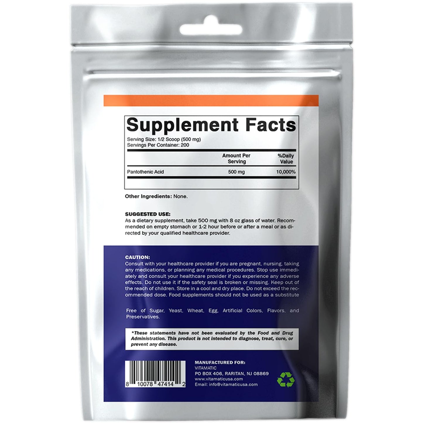Vitamatic Pantothenic Acid Pure Powder 500 mg per Serving - 100 g (200 Servings) - Vitamin B5