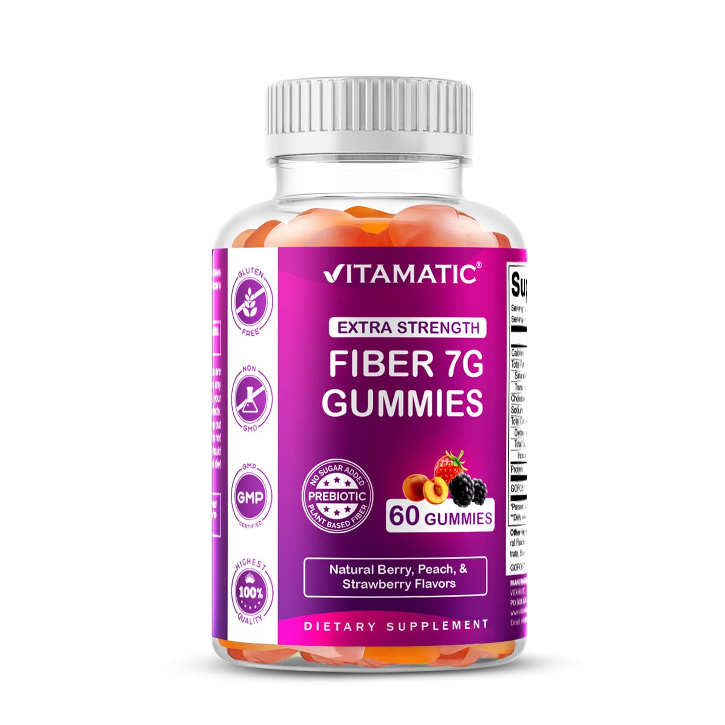 Vitamatic Prebiotic Fiber Gummies – 7g Fiber per Serving, 60 Pectin-Based, Vegan & Gluten-Free