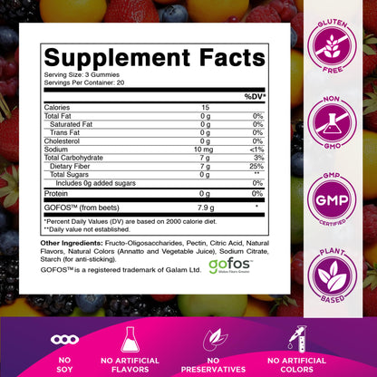 Vitamatic Prebiotic Fiber Gummies – 7g Fiber per Serving, 60 Pectin-Based, Vegan & Gluten-Free