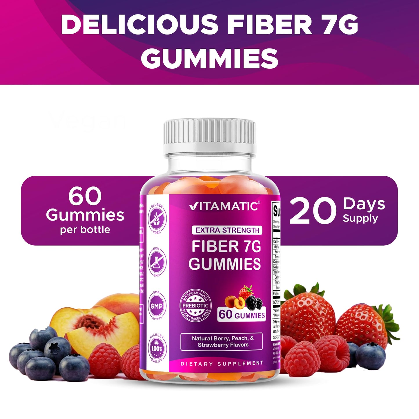 Vitamatic Prebiotic Fiber Gummies – 7g Fiber per Serving, 60 Pectin-Based, Vegan & Gluten-Free