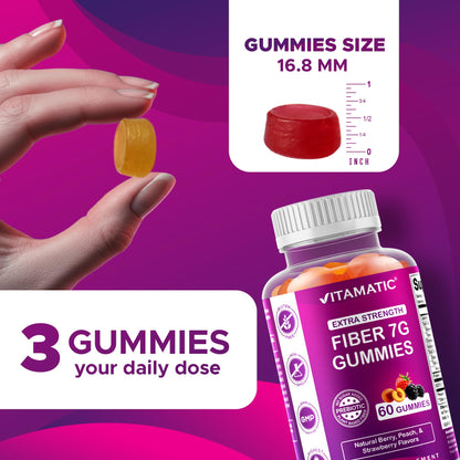 Vitamatic Prebiotic Fiber Gummies – 7g Fiber per Serving, 60 Pectin-Based, Vegan & Gluten-Free
