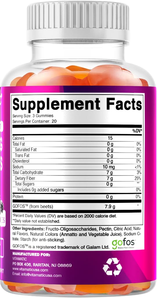 Vitamatic Prebiotic Fiber Gummies – 7g Fiber per Serving, 60 Pectin-Based, Vegan & Gluten-Free