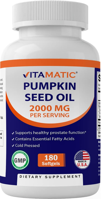 Vitamatic Pumpkin Seed Oil 2000mg Softgels – 180 Count | 1000mg per Softgel