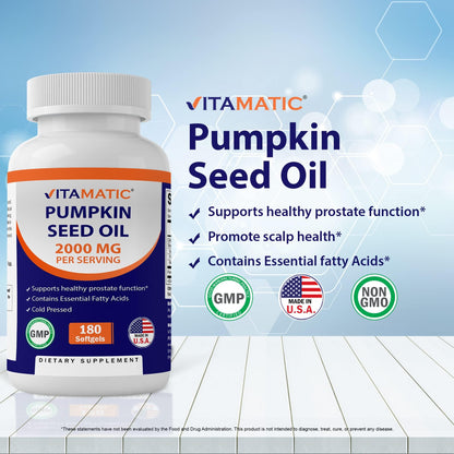 Vitamatic Pumpkin Seed Oil 2000mg Softgels – 180 Count | 1000mg per Softgel