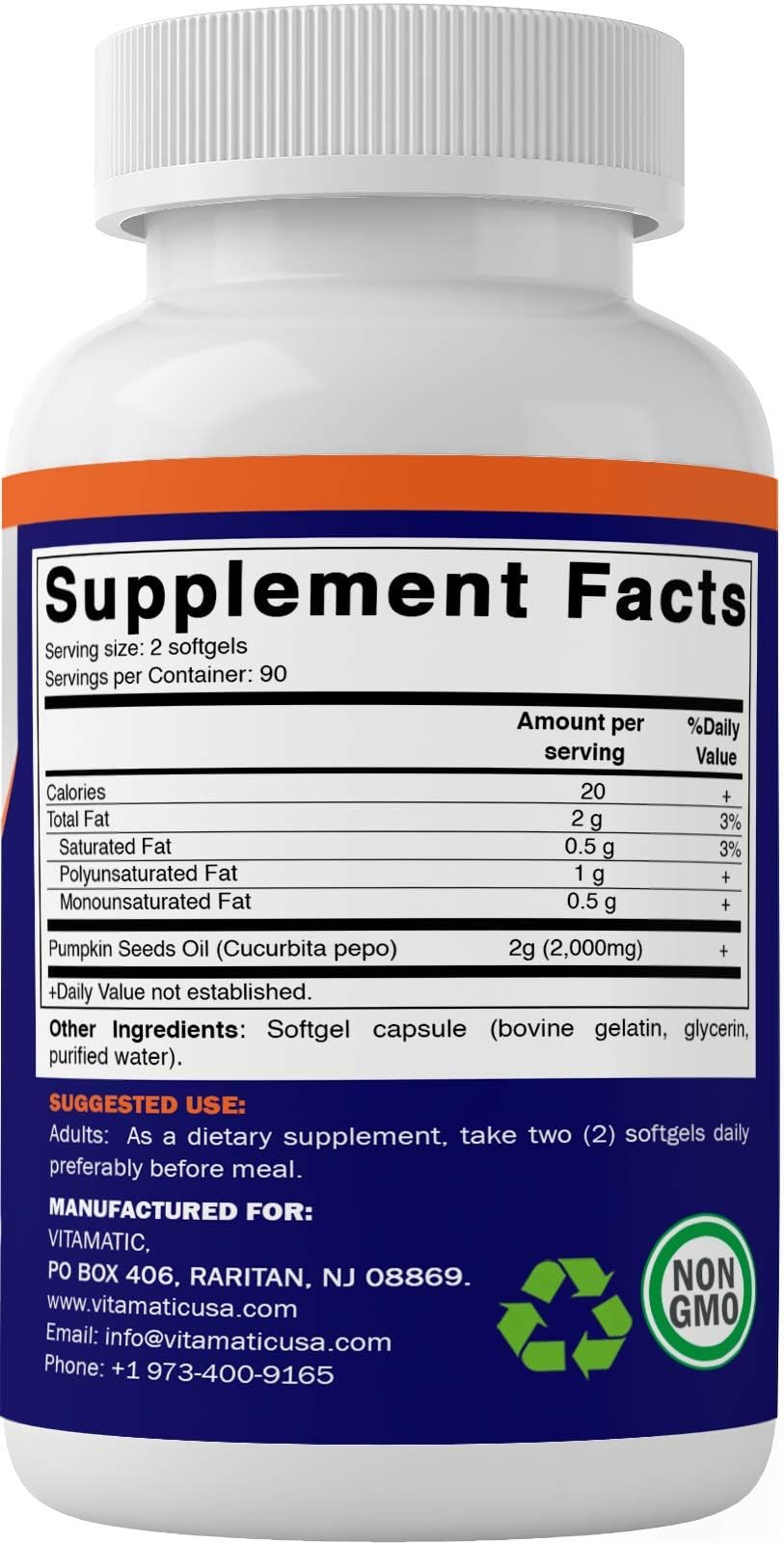Vitamatic Pumpkin Seed Oil 2000mg Softgels – 180 Count | 1000mg per Softgel
