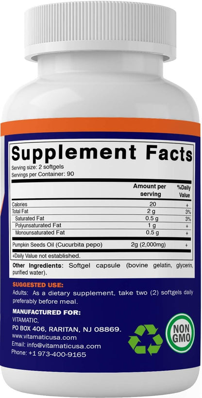 Vitamatic Pumpkin Seed Oil 2000mg Softgels – 180 Count | 1000mg per Softgel