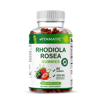 Vitamatic Sugar Free Rhodiola Rosea Gummies 1500 mg per Serving – 60 Gummies – Mixed Berry – Adaptogen Supplement – Made in USA