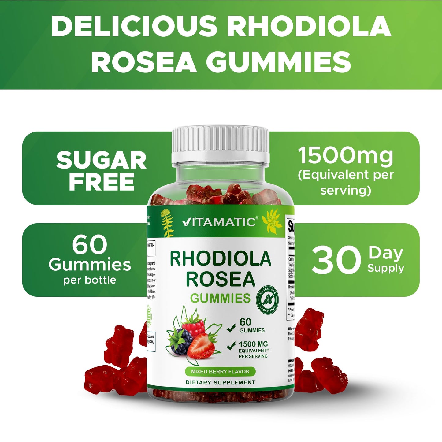 Vitamatic Sugar Free Rhodiola Rosea Gummies 1500 mg per Serving – 60 Gummies – Mixed Berry – Adaptogen Supplement – Made in USA