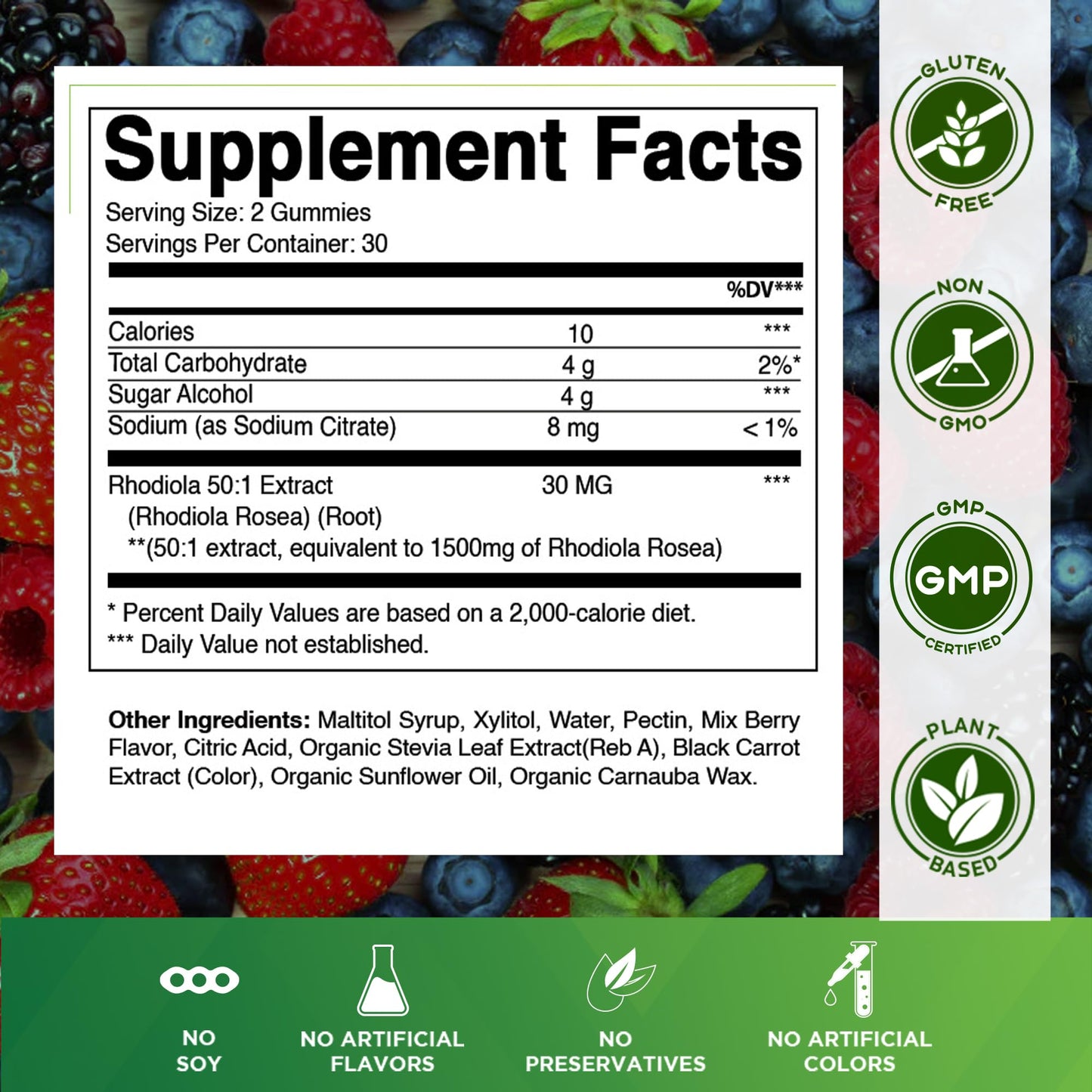 Vitamatic Sugar Free Rhodiola Rosea Gummies 1500 mg per Serving – 60 Gummies – Mixed Berry – Adaptogen Supplement – Made in USA