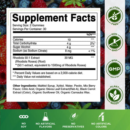 Vitamatic Sugar Free Rhodiola Rosea Gummies 1500 mg per Serving – 60 Gummies – Mixed Berry – Adaptogen Supplement – Made in USA