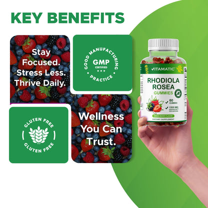 Vitamatic Sugar Free Rhodiola Rosea Gummies 1500 mg per Serving – 60 Gummies – Mixed Berry – Adaptogen Supplement – Made in USA