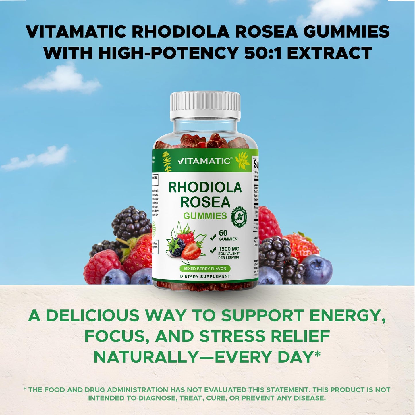 Vitamatic Sugar Free Rhodiola Rosea Gummies 1500 mg per Serving – 60 Gummies – Mixed Berry – Adaptogen Supplement – Made in USA
