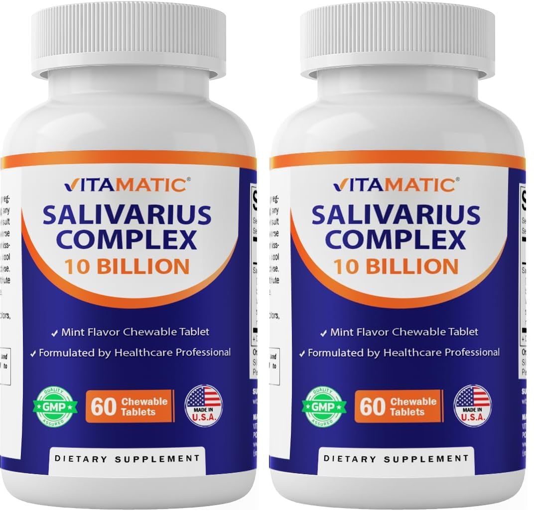 Vitamatic Salivarius Complex - 10 Billion Chewable Mint Probiotics + Prebiotics, 60 Count (Pack of 2)