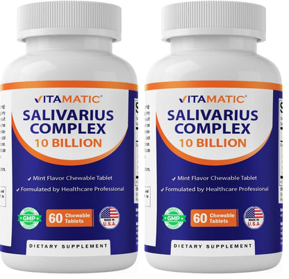 Vitamatic Salivarius Complex - 10 Billion Chewable Mint Probiotics + Prebiotics, 60 Count (Pack of 2)