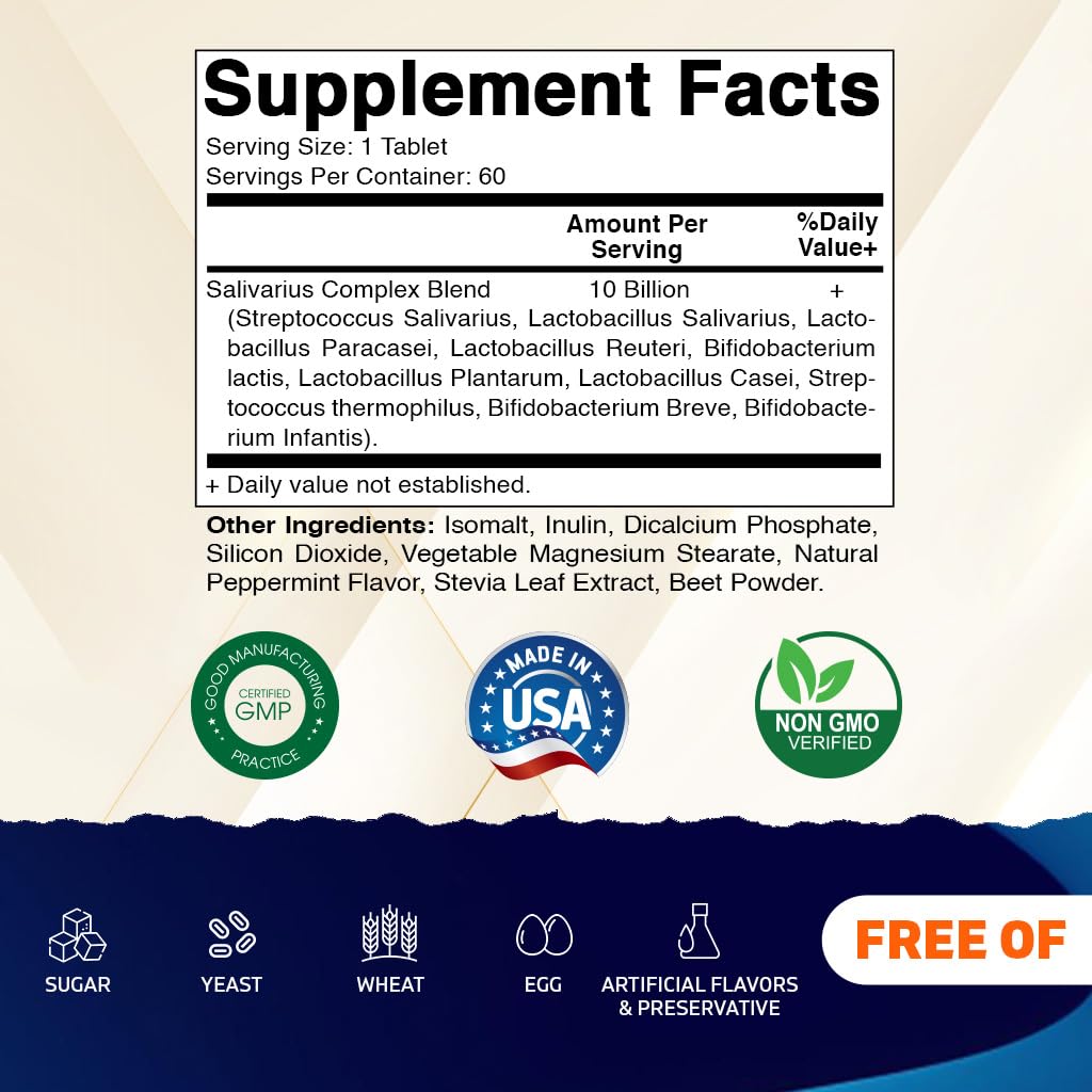 Vitamatic Salivarius Complex - 10 Billion Chewable Mint Probiotics + Prebiotics, 60 Count (Pack of 2)