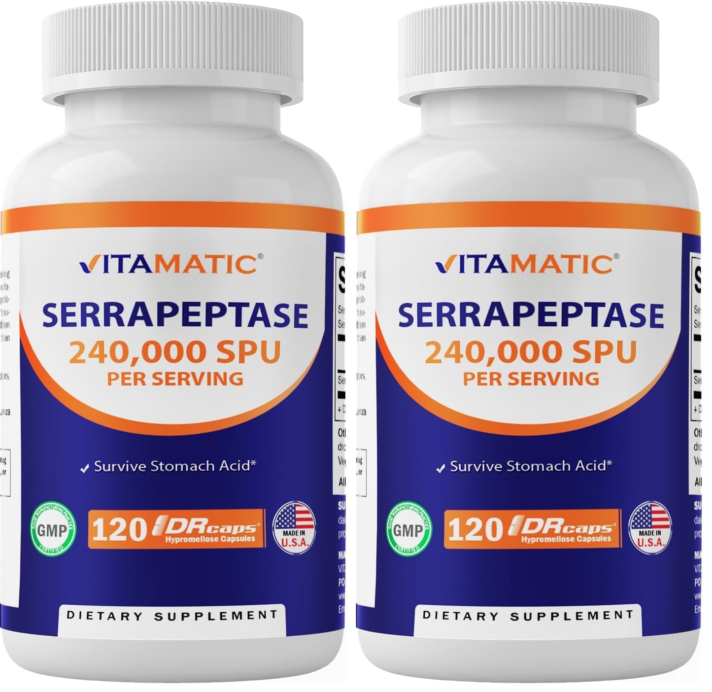 Vitamatic Serrapeptase 240,000 SPU – 120 Delayed-Release Enteric Capsules (Pack of 2, USA Made)