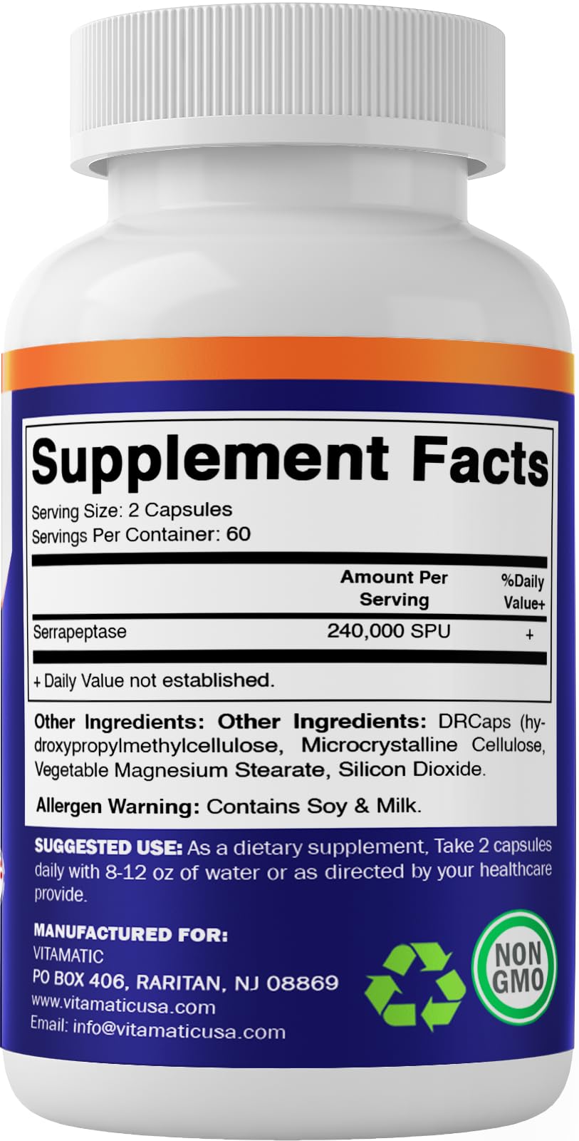 Vitamatic Serrapeptase 240,000 SPU – 120 Delayed-Release Enteric Capsules (Pack of 2, USA Made)