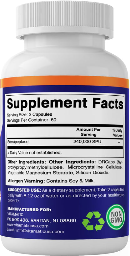 Vitamatic Serrapeptase 240,000 SPU – 120 Delayed-Release Enteric Capsules (Pack of 2, USA Made)