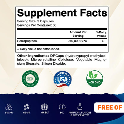 Vitamatic Serrapeptase 240k SPU - Delayed Release Capsules, Enteric Coated, Non-GMO, Made in USA (Pack of 2)