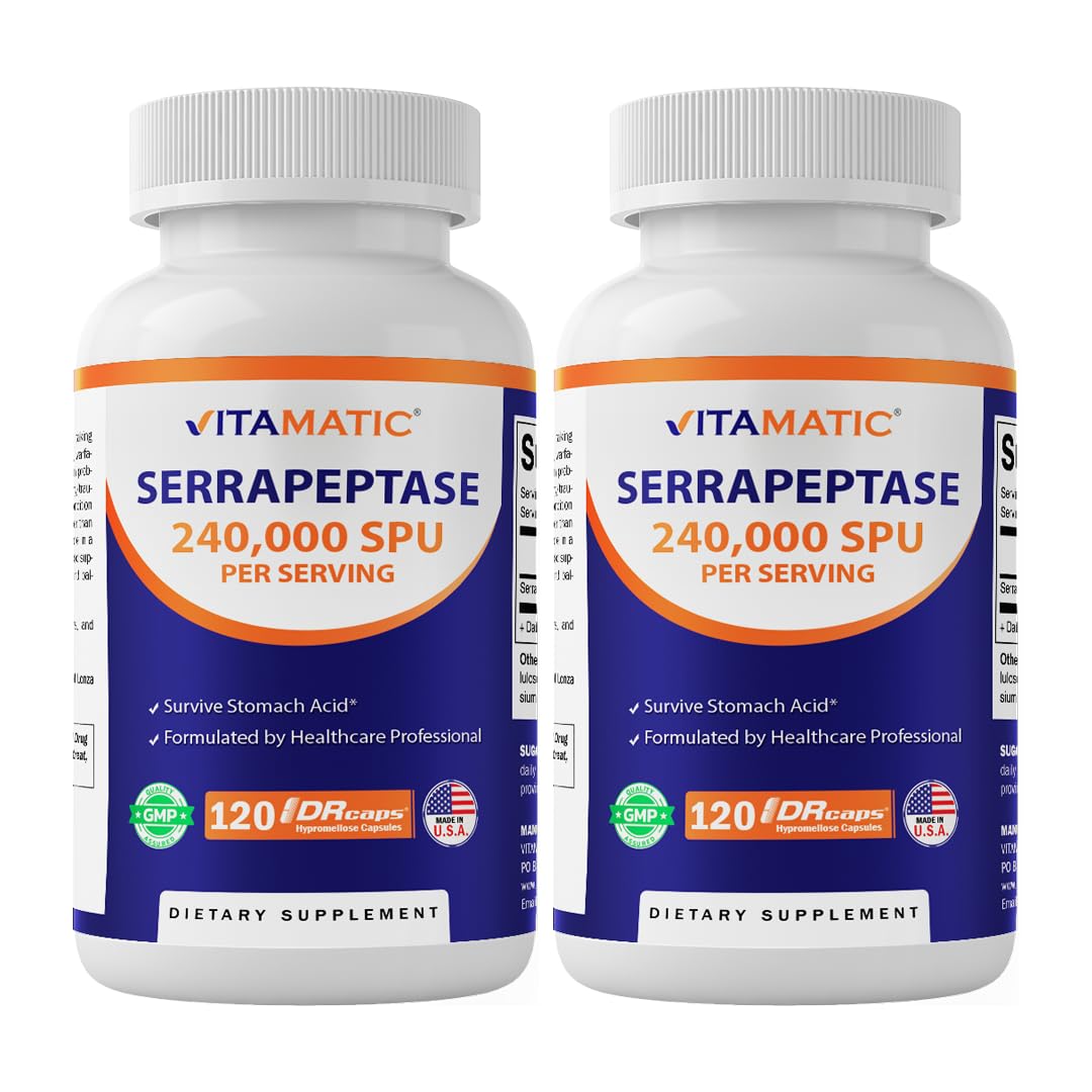 Vitamatic Serrapeptase 240k SPU - Delayed Release Capsules, Enteric Coated, Non-GMO, Made in USA (Pack of 2)