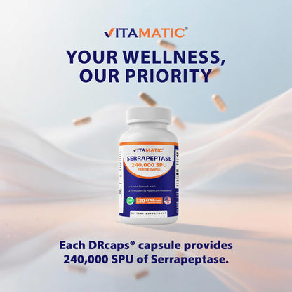Vitamatic Serrapeptase 240k SPU - Delayed Release Capsules, Enteric Coated, Non-GMO, Made in USA (Pack of 2)