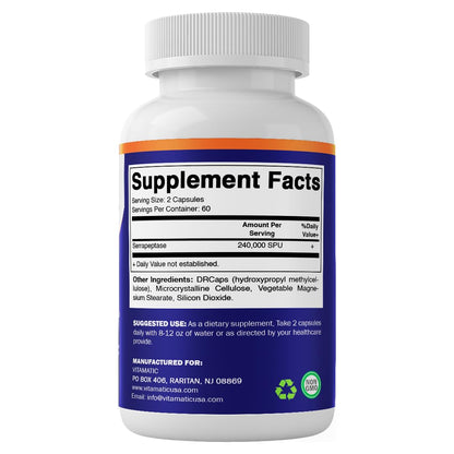 Vitamatic Serrapeptase 240k SPU - Delayed Release Capsules, Enteric Coated, Non-GMO, Made in USA (Pack of 2)