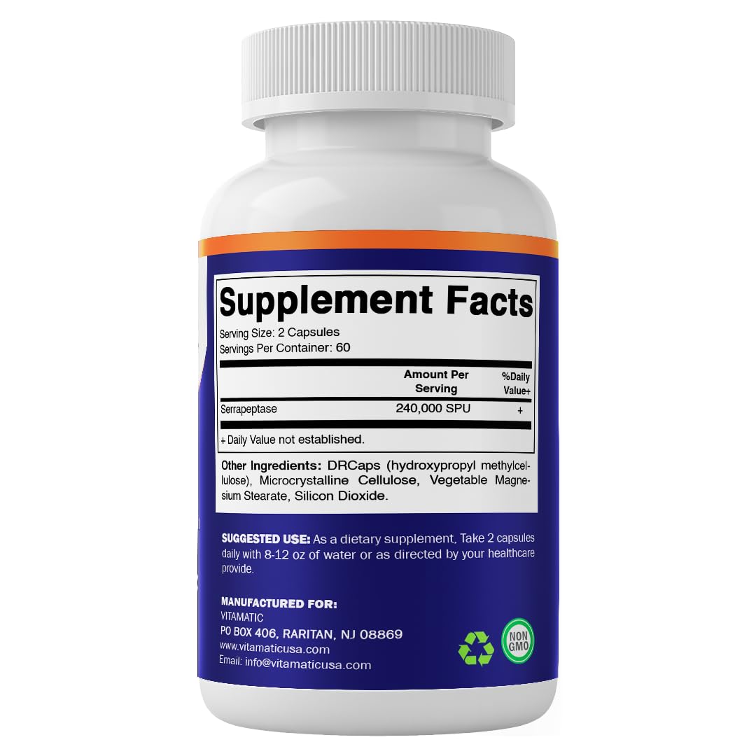 Vitamatic Serrapeptase 240,000 SPU | 120-Count Delayed-Release Enteric-Coated Capsules | Non-GMO, Made in USA