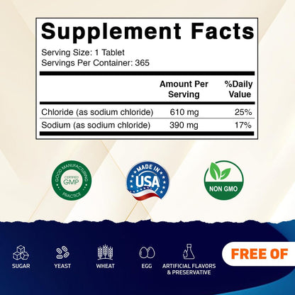 Vitamatic Sodium Chloride 1000mg – 365 Tablets (2 Bottles) Hydration & Electrolyte Replenisher