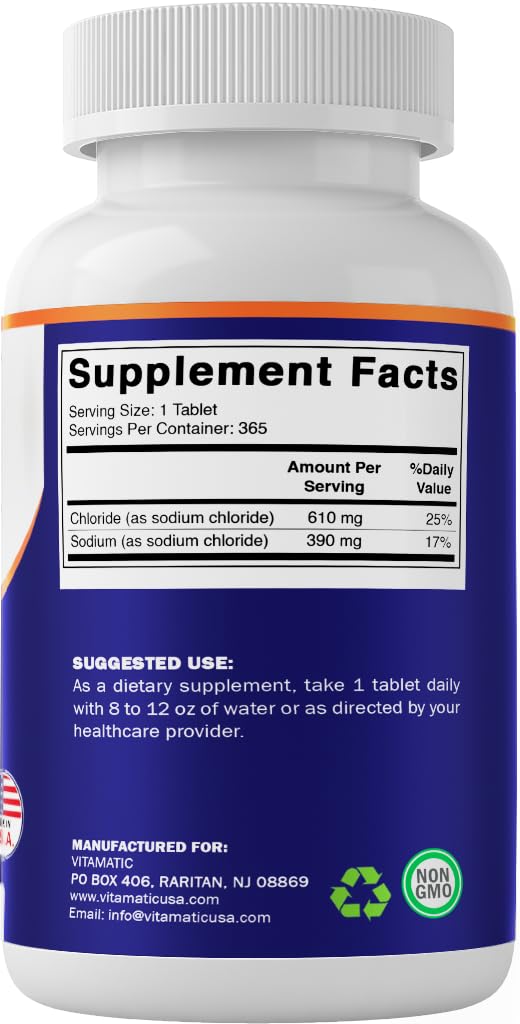 Vitamatic Sodium Chloride 1000mg – 365 Tablets (2 Bottles) Hydration & Electrolyte Replenisher