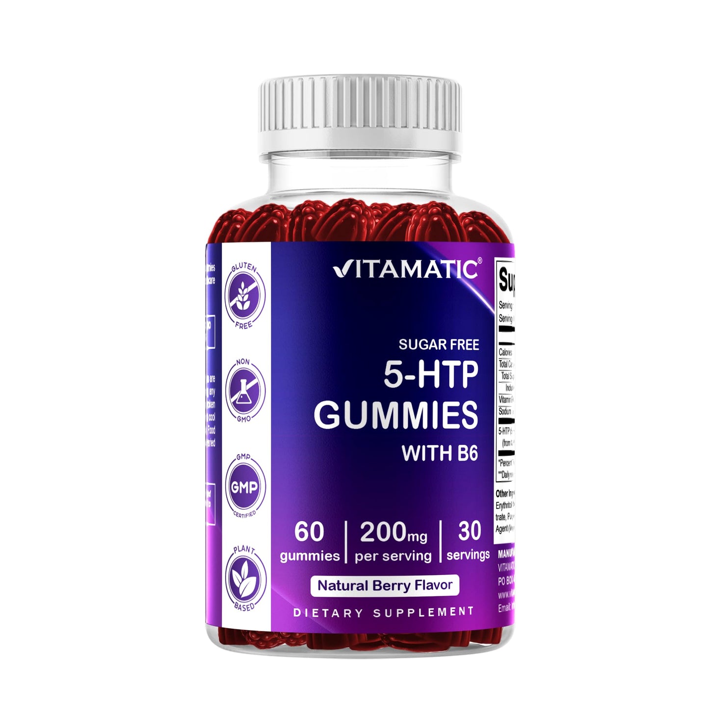 Vitamatic Sugar Free 5-HTP 200mg Gummies with B6 – 60 Pectin-Based Vegan Gummies
