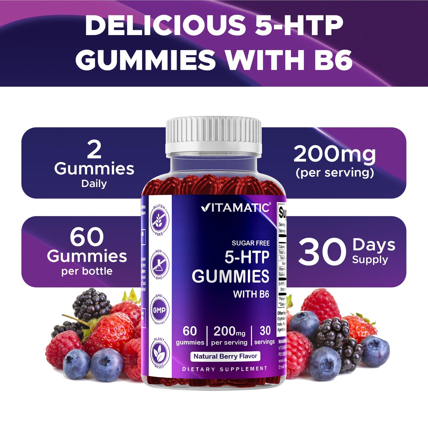 Vitamatic Sugar Free 5-HTP 200mg Gummies with B6 – 60 Pectin-Based Vegan Gummies