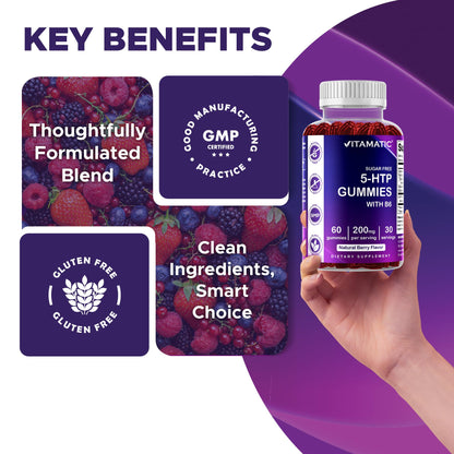 Vitamatic Sugar Free 5-HTP 200mg Gummies with B6 – 60 Pectin-Based Vegan Gummies