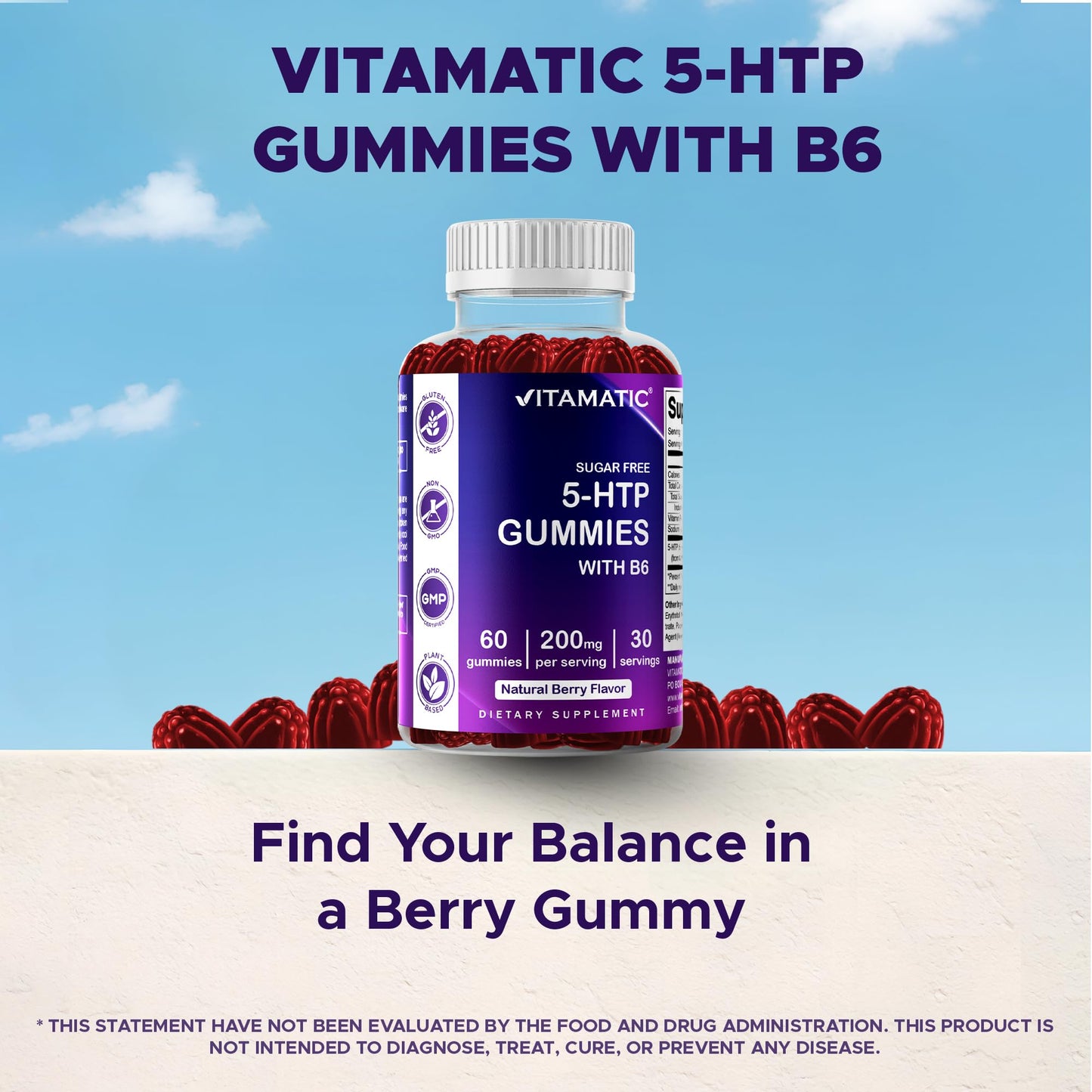 Vitamatic Sugar Free 5-HTP 200mg Gummies with B6 – 60 Pectin-Based Vegan Gummies