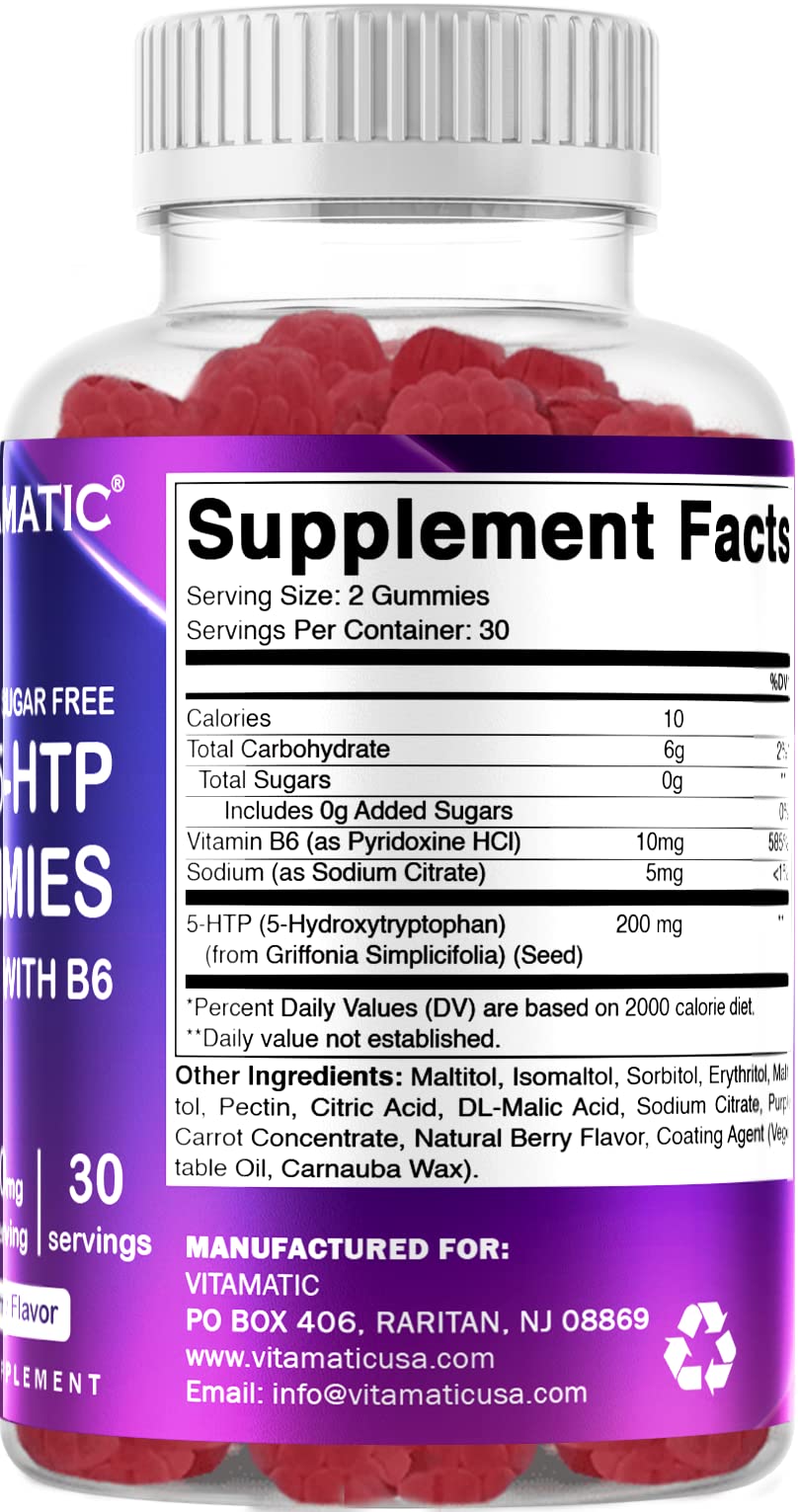 Vitamatic Sugar Free 5-HTP Gummies with B6 - 60 Gummies per Pack (Pack of 2)