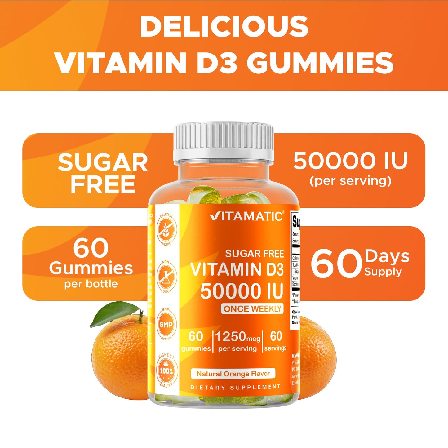 Vitamatic Sugar Free Vitamin D3 50,000 IU Weekly Gummies – 60 Pectin-Based High-Potency D3 for Bone, Teeth & Immune Support (Pack of 2)