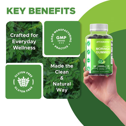 Vitamatic Sugar Free Moringa Gummies – 10,000 mg per Serving (50:1 Extract) | 60 Vegan Gummies | No Sugar Added