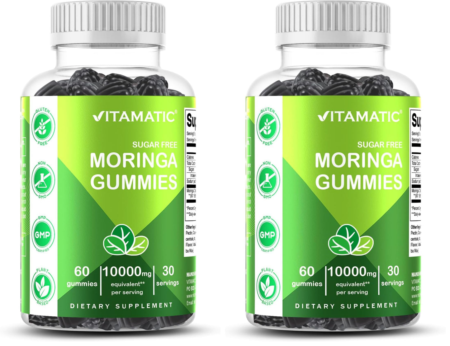 Vitamatic Sugar Free Moringa Gummies – 10,000 mg Equivalent per Serving (50:1 Extract) – 60 Vegan Gummies (Pack of 2)