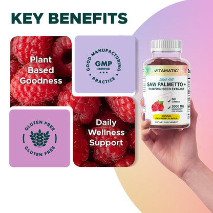 Vitamatic Sugar-Free Saw Palmetto with Pumpkin Seed – 3000 mg Equivalent per Serving | 60 Gummies