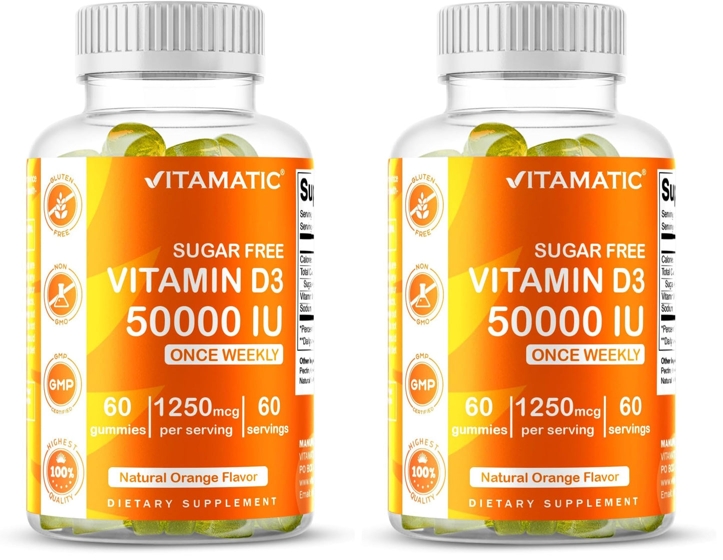 Vitamatic Sugar Free Vitamin D3 50,000 IU Weekly Gummies – 60 Pectin-Based High-Potency D3 for Bone, Teeth & Immune Support (Pack of 2)
