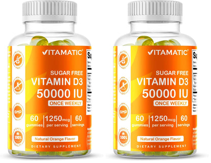 Vitamatic Sugar Free Vitamin D3 50,000 IU Weekly Gummies – 60 Pectin-Based High-Potency D3 for Bone, Teeth & Immune Support (Pack of 2)