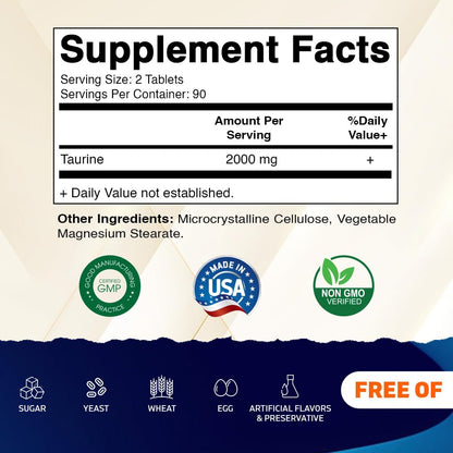 Vitamatic Taurine 2000mg Vegetarian Tablets – 180 Count, Non-GMO, Gluten Free (Pack of 2)