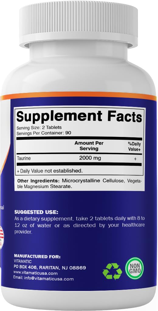 Vitamatic Taurine 2000mg Vegetarian Tablets – 180 Count, Non-GMO, Gluten Free (Pack of 2)