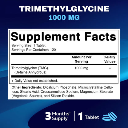 Vitamatic TMG 1000mg – Trimethylglycine (Betaine Anhydrous) | 120 Tablets, 120 Servings – Non-GMO & Gluten Free