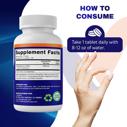 Vitamatic TMG 1000mg – Trimethylglycine (Betaine Anhydrous) | 120 Tablets, 120 Servings – Non-GMO & Gluten Free