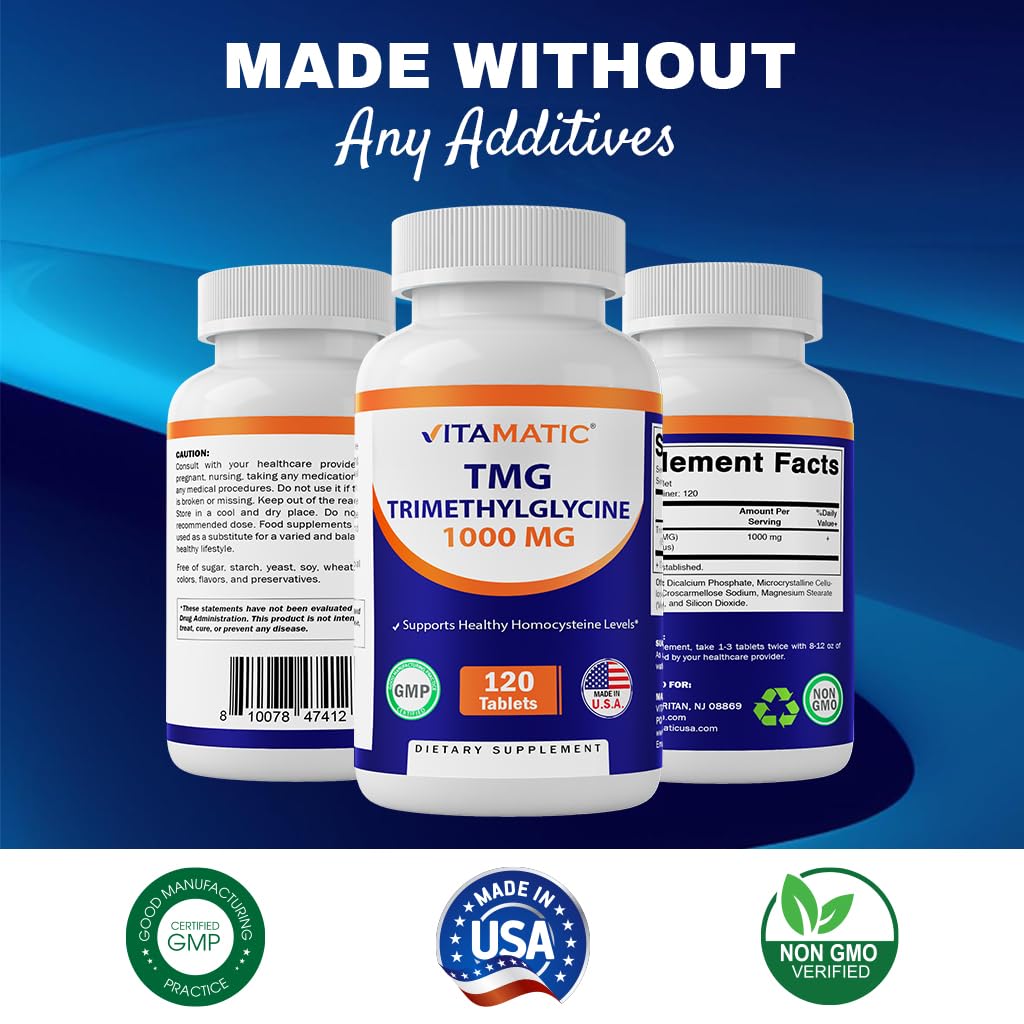 Vitamatic TMG 1000mg – Trimethylglycine (Betaine Anhydrous) | 120 Tablets, 120 Servings – Non-GMO & Gluten Free